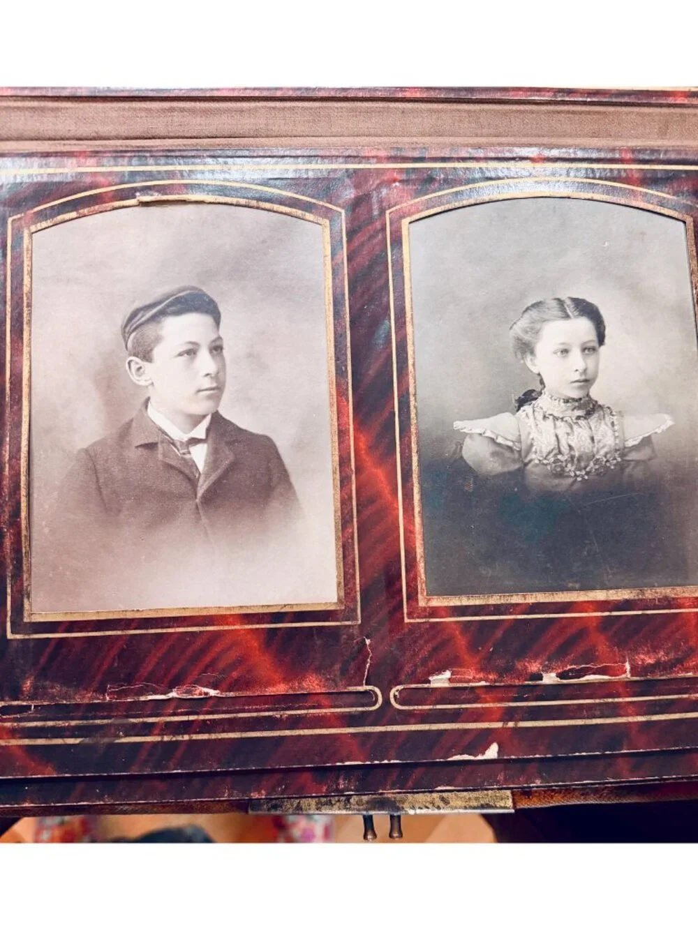 1800s Victorian photo album with brass sunflower and mirror 50 cabinet photos